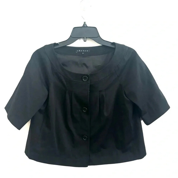 Theory Black Cropped Jacket  Button Front Minimalist Short Sleeve Career Blazer - Picture 1 of 4